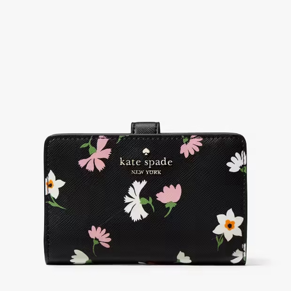 Kate Spade Medium Black Bifold Wallet Floral Waltz, Pink & White Floral,  NEW